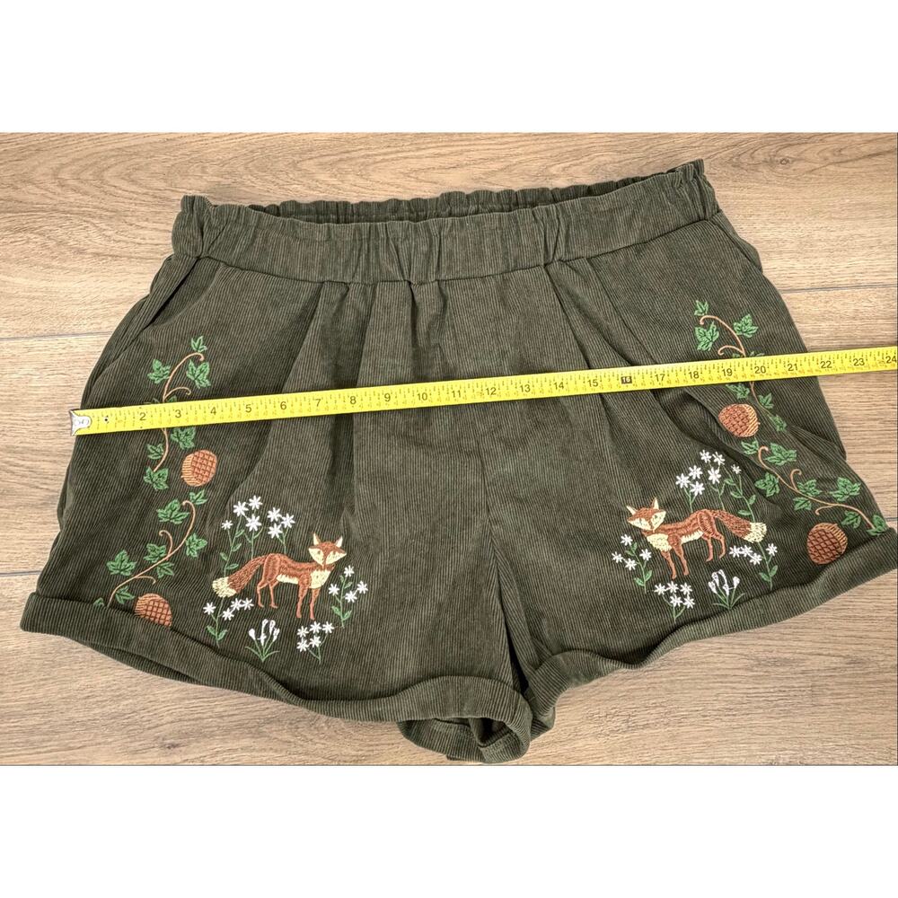 ROMWE Fairycore Green Corduroy Fox Embroidered Shorts Elastic Waist Medium 6 - Picture 7 of 14